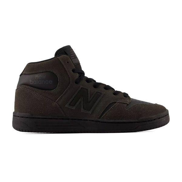 Black high-top sneaker with New Balance logo on a white background